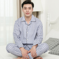 SUNTEK春秋棉布睡衣男长袖夏薄款梭织棉家居服青年中老年两件套装大码