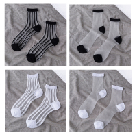 SUNTEK夏季薄款黑白玻璃丝袜子女中筒袜ins潮韩版学院风原宿滑板袜棉 竖条黑+竖条白+罗口黑+罗口白 均码