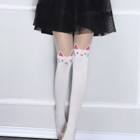 SUNTEK日系洛丽塔袜子女Lolita可爱白丝袜双色萝莉假高筒拼接丝袜连裤袜 卡通猫咪(上肤下白) 均码