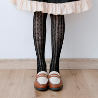SUNTEK日系白色lolita丝袜子少女蕾丝打底洛丽塔连裤袜过膝显瘦印花长筒 竖条款-黑色 均码