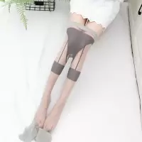 SUNTEK2双装假吊带丝袜女薄款性感开裆夏隐形 假高筒连裤白丝袜萝莉过膝 2双灰色吊带款 均码,2双装开档丝袜