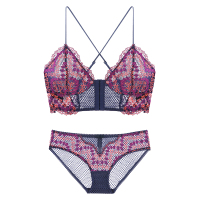 SUNTEK法式复古蕾丝前扣文胸套装无钢圈胸衣超薄款波西米亚美背女士内衣