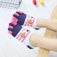 SUNTEK夏天五指袜棉半隐形浅口可爱五指女袜薄短船袜五趾袜 条纹小猫袜子
