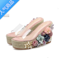 SUNTEK新品麻绳编织松糕厚底凉鞋花朵珍珠透明防水台女鞋坡跟高跟拖鞋夏