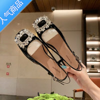 SUNTEK包头凉鞋女夏2023新款粗跟平底气质方扣闪水钻法式复古玛丽珍单鞋