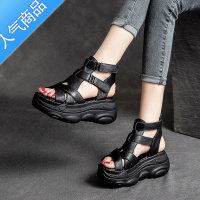 SUNTEK33-42厚底凉鞋魔术贴女鞋2023新款夏季高跟松糕鞋鱼嘴鞋大码