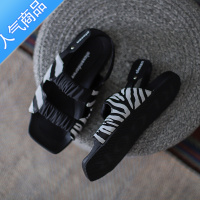 SUNTEK2023新款韩国复古斑马纹法式凉鞋女一字软底后绊带平底镂空沙滩鞋