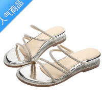 SUNTEK坡跟凉鞋女2023年新款夏季中跟时装仙女风粗跟罗马一字带水钻百搭