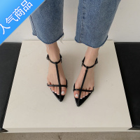 SUNTEK尖头一字扣带平底沙滩凉鞋女2023韩国极简约十字细带露趾性感女鞋