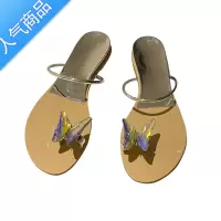 SUNTEK法式平底一字凉拖鞋仙女鞋子2023年新款夏季气质外穿水钻蝴蝶凉鞋