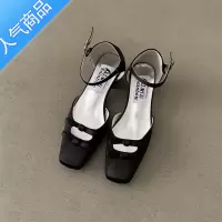 SUNTEK法式精致少女绸面方头奶油色闪闪水钻方扣蝴蝶结粗跟一字扣带凉鞋