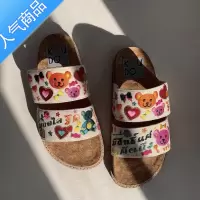 SUNTEK小熊刺绣凉鞋女夏软底魔术贴小众度假可爱少女沙滩拖鞋泰国手工鞋