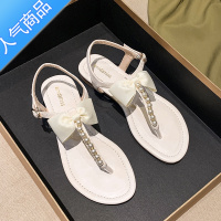 SUNTEK平底凉鞋女夏仙女风2023年新款夏季气质夹趾一字带配裙子罗马鞋子