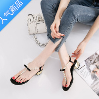 SUNTEK凉鞋2023年新款女夏季夹脚仙女风中跟粗跟百搭珍珠夹趾蝴蝶结女鞋