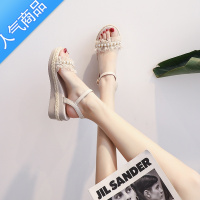 SUNTEK2023年新款厚底坡跟时装凉鞋女夏季中跟珍珠百搭平底仙女风配裙子