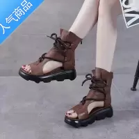 SUNTEK欧货松糕跟鱼嘴凉靴女绑带2023夏季新款复古高帮厚底镂空罗马凉鞋