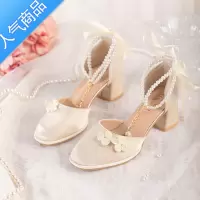 SUNTEK粗跟玛丽珍单鞋高跟珍珠中国风旗袍鞋女汉元素盘扣包头凉鞋女夏季