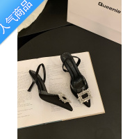 SUNTEK高跟气质名媛黑色包头凉鞋女鞋子2023夏季小众尖头高级感水钻单鞋