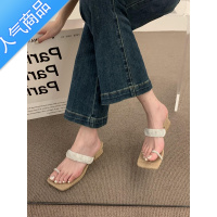 SUNTEK法式高级感水钻一字带套趾凉拖鞋女外穿方头露趾绝美中跟粗跟凉鞋