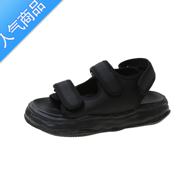 SUNTEK黑色厚底凉鞋女夏季松糕增高百搭平底时尚休闲魔术贴沙滩罗马鞋潮