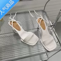 SUNTEK气质一字带仙女高跟鞋女2023年夏季新款网红粗跟交叉绑带罗马凉鞋