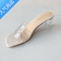 SUNTEK透明一字带高跟鞋夏天凉拖鞋女夏外穿7M凉鞋女2023年新款水晶拖