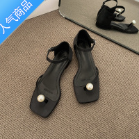 SUNTEK法式高级感小凉鞋女2023年新款夏季珍珠平底一字带方头夹趾罗马鞋