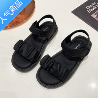 SUNTEK凉鞋女夏季2023年新款韩版踩屎感平底百搭舒适露趾防滑魔术贴学生