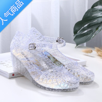 SUNTEK夏季凉鞋侧漏沙滩洞洞坡跟一字扣塑料果冻防滑耐磨透明水晶凉拖女