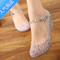 SUNTEK2023新款坡跟水晶凉鞋女ins潮夏网红广场舞果冻鞋时尚包头洞洞鞋