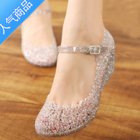 SUNTEK凉鞋女夏坡跟广场舞时尚包头水晶鞋透明果冻鞋防滑软底度假沙滩鞋