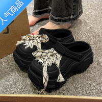 SUNTEK洞洞鞋女夏季厚底增高防滑2023新款网红黑色鞋子时尚绑带凉鞋女款