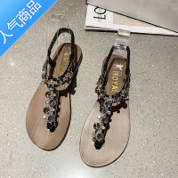 SUNTEK罗马凉鞋女平底鞋2023年新款夏季水钻仙女风配裙子夹趾海边沙滩鞋