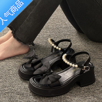 SUNTEK凉鞋女2023新款夏季蝴蝶结仙女风厚底珍珠一字带时尚露趾罗马女鞋