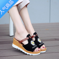 SUNTEK鱼嘴凉拖鞋女夏季新款磨砂拼色厚底松糕小雏菊一字拖坡跟高跟凉鞋