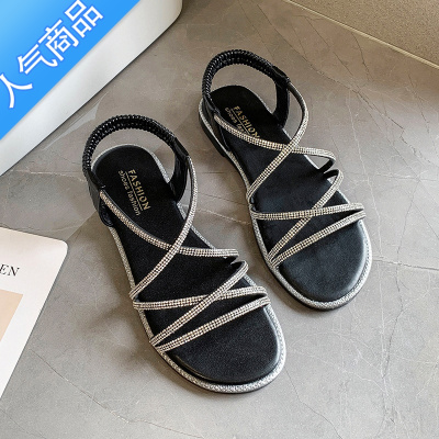 SUNTEK牛筋软底水钻凉鞋女夏仙女风2023年新款时尚百搭配裙子时装罗马鞋