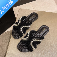 SUNTEKins潮外穿拖鞋女夏季2023年新款小香风珍珠淑女海边仙女沙滩凉鞋