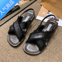 SUNTEK设计感露趾后绊带凉鞋女2023夏新款交叉带显瘦平底配裙子罗马凉鞋