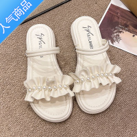 SUNTEK两穿露趾凉鞋女2023年新款夏季百搭网红仙女风小众平底珍珠凉拖鞋