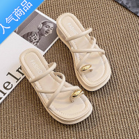 SUNTEK痞老板原创女鞋2023年夏季露趾坡跟高跟鞋一字带凉鞋绝美厚底拖鞋