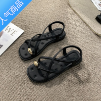 SUNTEK凉鞋女夏外穿2023新款黑色高级感法式晚风仙女配裙子罗马平底鞋子