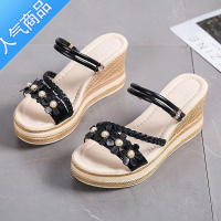 SUNTEK两穿坡跟凉鞋女夏仙女风2023年新款法式高跟鞋珍珠配裙子外出拖鞋