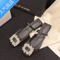SUNTEK包头半拖鞋女夏外穿银色水钻凉鞋3公分小跟粗跟方头法式凉拖