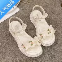 SUNTEK配裙子花朵凉鞋女2023夏季新款仙女风百搭厚底法式坡跟平底罗马鞋