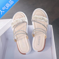 SUNTEK2023夏季新款红婧娗两穿凉鞋女平底水钻一字带凉拖外穿淑女鞋