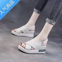 SUNTEK真软皮坡跟凉鞋女厚底增高2023年夏季新款松糕底中跟防滑鱼嘴鞋女