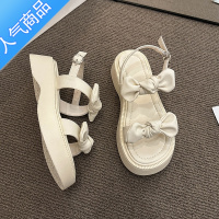 SUNTEK厚底一字带凉鞋仙女风2023年夏季新款配裙子百搭蝴蝶结防滑沙滩鞋