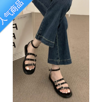 SUNTEK设计感法式一字带平底凉鞋女2023年夏季新款时尚仙女风沙滩罗马鞋