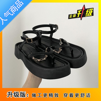 SUNTEK复古沙滩厚底凉鞋女2023年新款夏季百搭黑色软底高级感仙女鞋