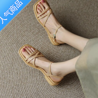 SUNTEK软底低跟凉鞋女2023年夏季新款细带方头一字带平底防滑罗马鞋